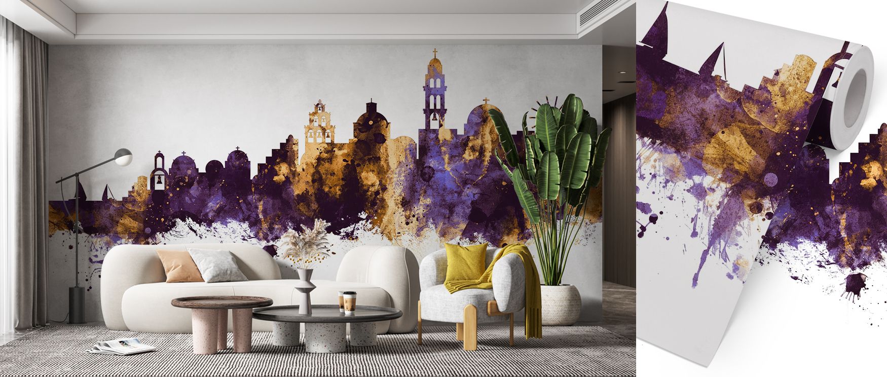 Architectural harmony defines Santorini Skyline Purple & Gold Wallpaper, balancing forms with luminous palette. Purple adds depth while gold enriches detail. Interiors gain timeless charm, ideal for bedrooms or living rooms.