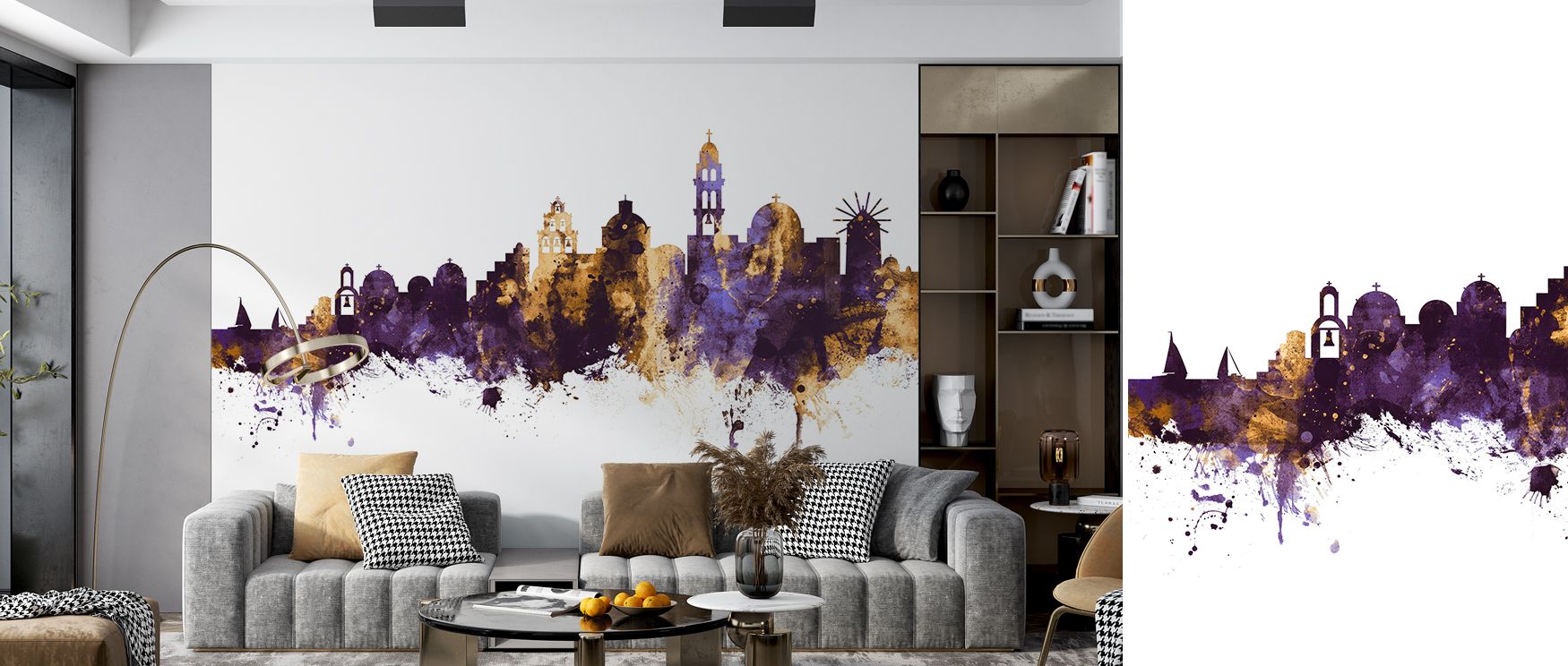 Radiant contrasts highlight Santorini Skyline Purple & Gold Wallpaper, where structures shimmer against soft tones. The design conveys heritage grace, uplifting interiors. Bedrooms or offices benefit from its Mediterranean presence.