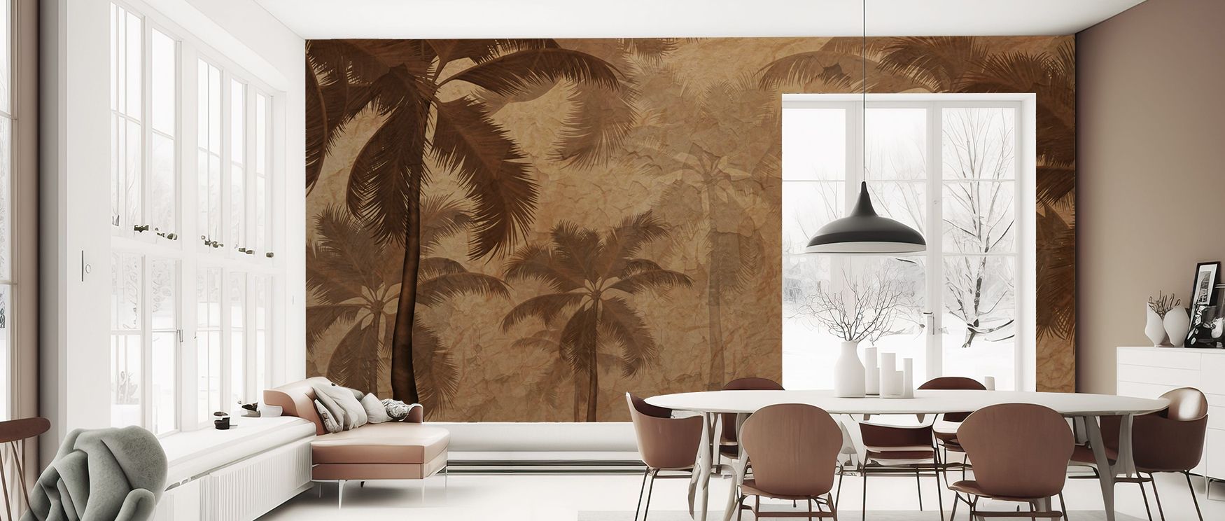 Natural warmth flows in Sepia Palm Trees Wallpaper, where silhouettes create coastal calm. The palette conveys nostalgia, uplifting interiors. Living rooms or studies glow with timeless atmosphere.