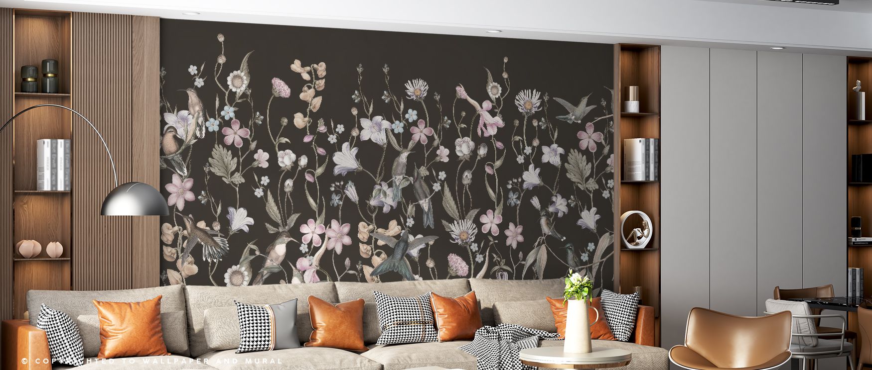 Floral brilliance defines Sound of Spring Black Wallpaper, where blossoms glow against black depth. The palette conveys liveliness, enriching interiors. Walls transform into seasonal landscapes, filled with charm. Bedrooms or studies glow with natural vit