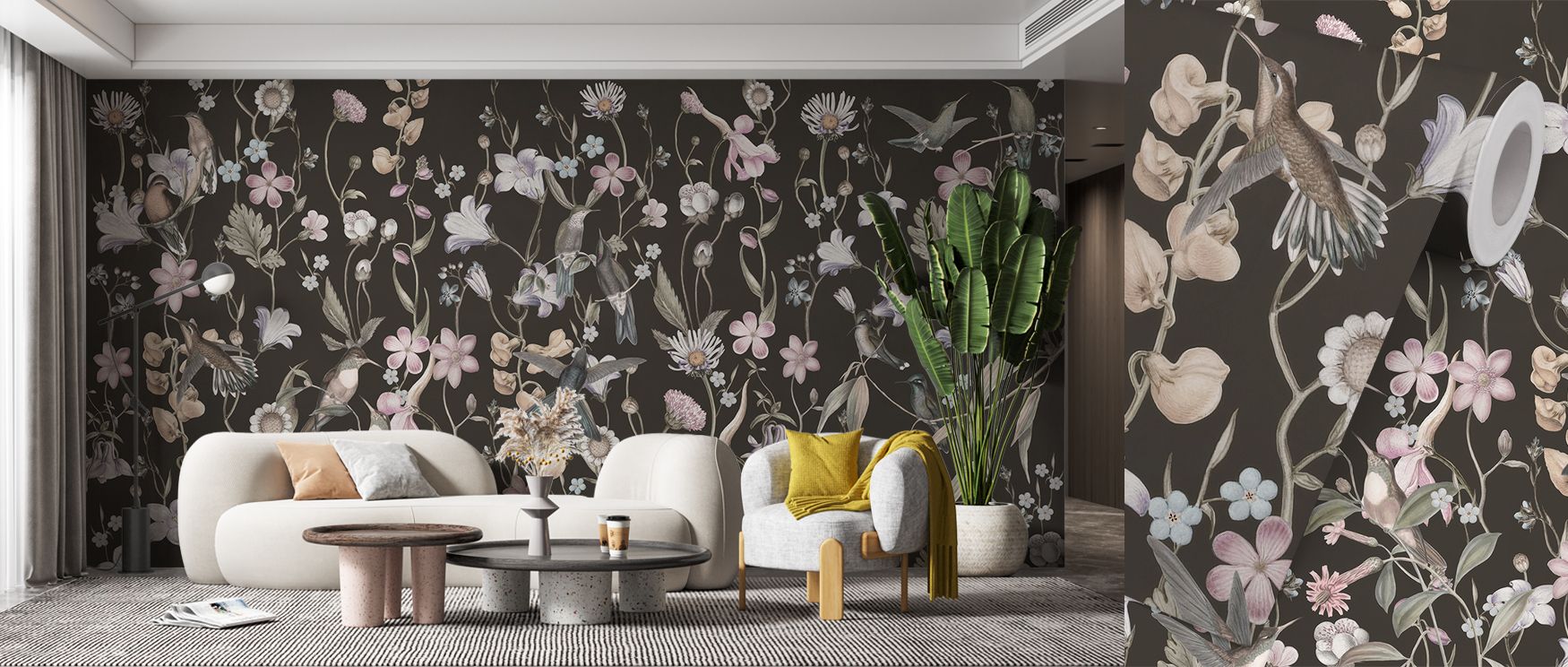 Seasonal charm thrives in Sound of Spring Black Wallpaper, where blossoms highlight joyful character. The imagery conveys rhythm, turning interiors into floral retreats. Living rooms or bedrooms glow with vitality, shaped by refreshing color contrasts.
