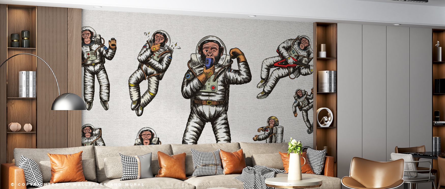 Stars and planets enrich Space Monkey Wallpaper, where monkeys drift with playful energy. The design conveys lighthearted character, shaping interiors with charm. Playrooms or nurseries glow with laughter, filled with vibrant rhythm.