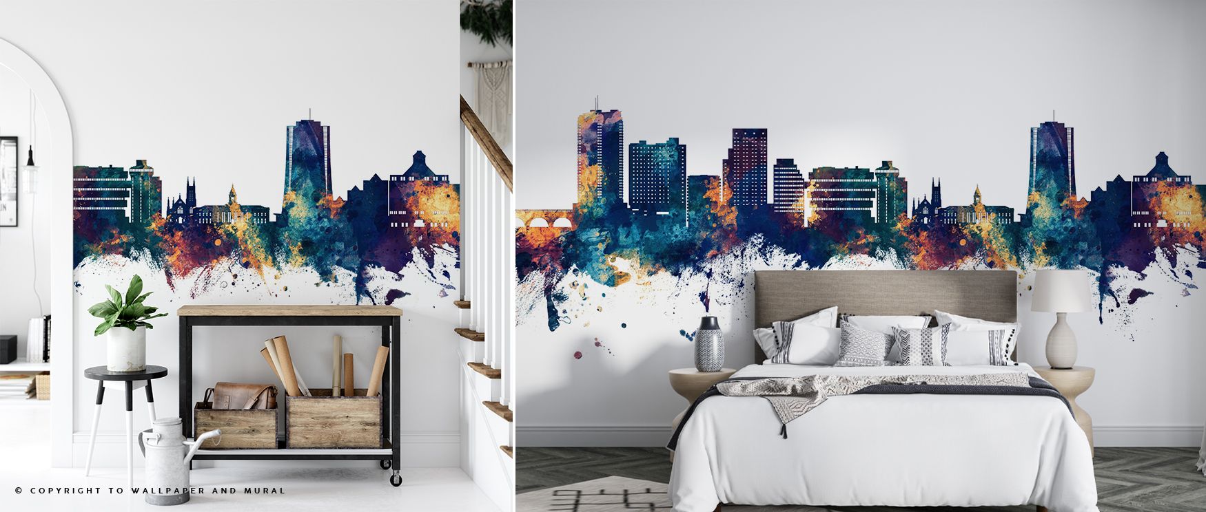Architectural artistry defines Stamford Connecticut Skyline Blue & Bronze Wallpaper, where tones convey elegance. Each detail adds balance, shaping walls with cultural grace. Interiors glow with refinement, perfect for living rooms or studies.