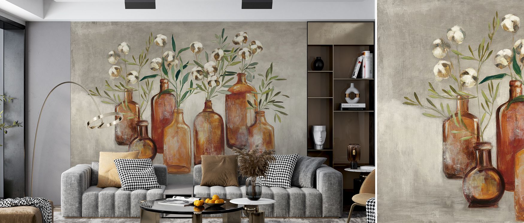 Subtle creativity enriches Still Life Flasks Wallpaper, where forms highlight beauty. The imagery conveys balance, uplifting interiors. Walls glow with calm elegance, ideal for bedrooms or offices seeking artistic charm.