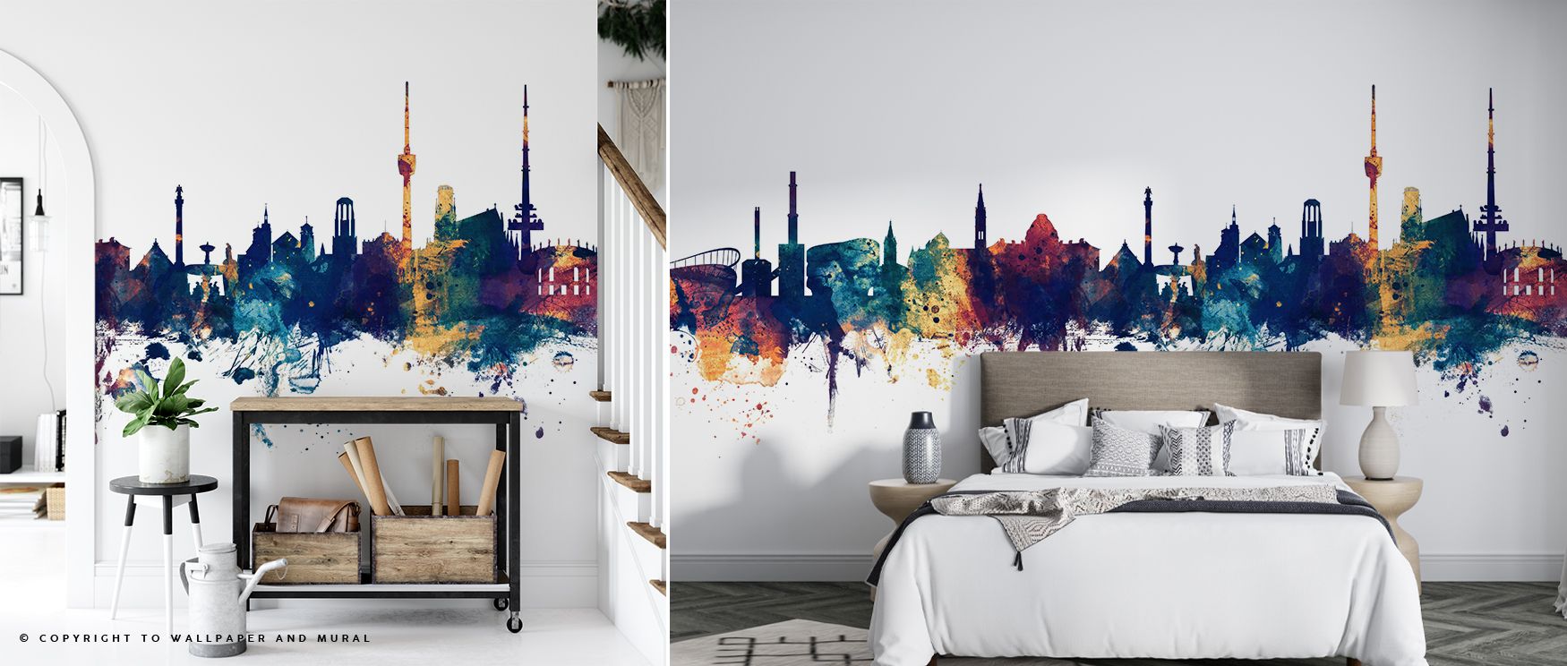 Deep blue artistry anchors Stuttgart Germany Skyline Blue & Bronze Wallpaper, while bronze radiates warmth. Each form conveys heritage charm, enriching interiors. Walls glow with elegance, ideal for living spaces or bedrooms.