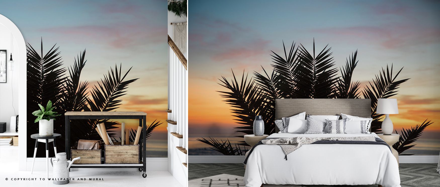 Refined tones fill Sunset Palms II Wallpaper, where palms rise gracefully. Each silhouette conveys calm presence, turning interiors into tropical sanctuaries. Walls glow with warmth, perfect for living rooms.