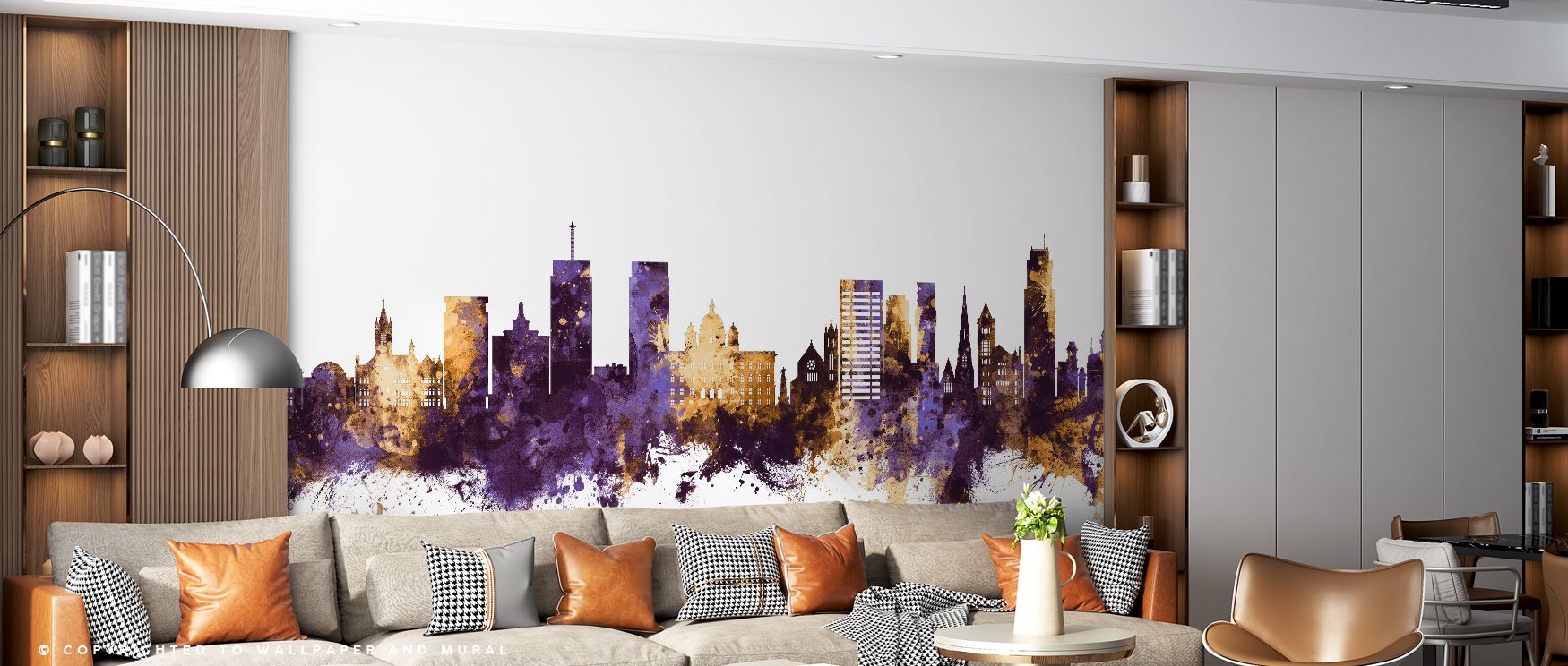 Heritage refinement defines Syracuse New York Skyline Purple & Gold Wallpaper, where purple tones add depth. Each detail conveys elegance, enriching interiors. Walls glow with sophistication, ideal for offices or bedrooms.