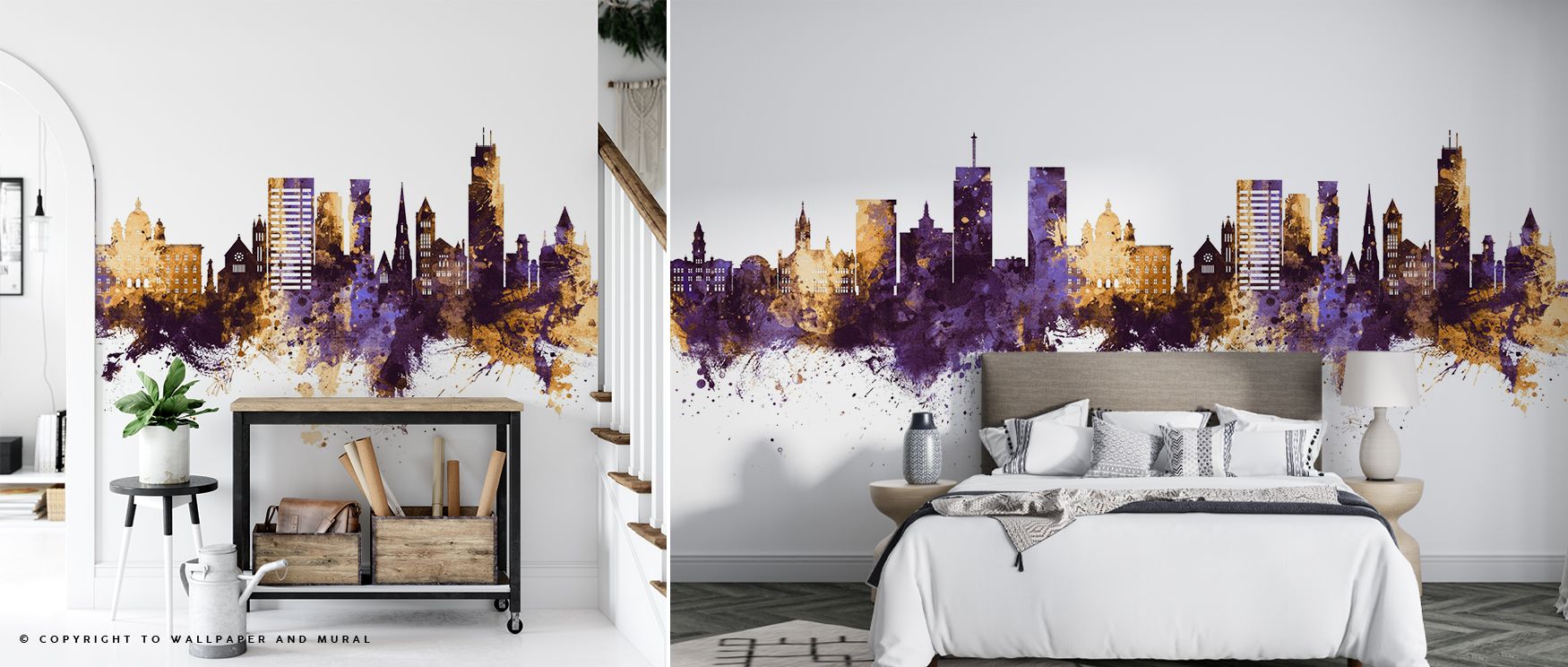 Urban brilliance radiates from Syracuse New York Skyline Purple & Gold Wallpaper, where golden light enriches rooftops. Each element conveys refinement, shaping interiors. Walls glow with calm luxury, perfect for bedrooms.