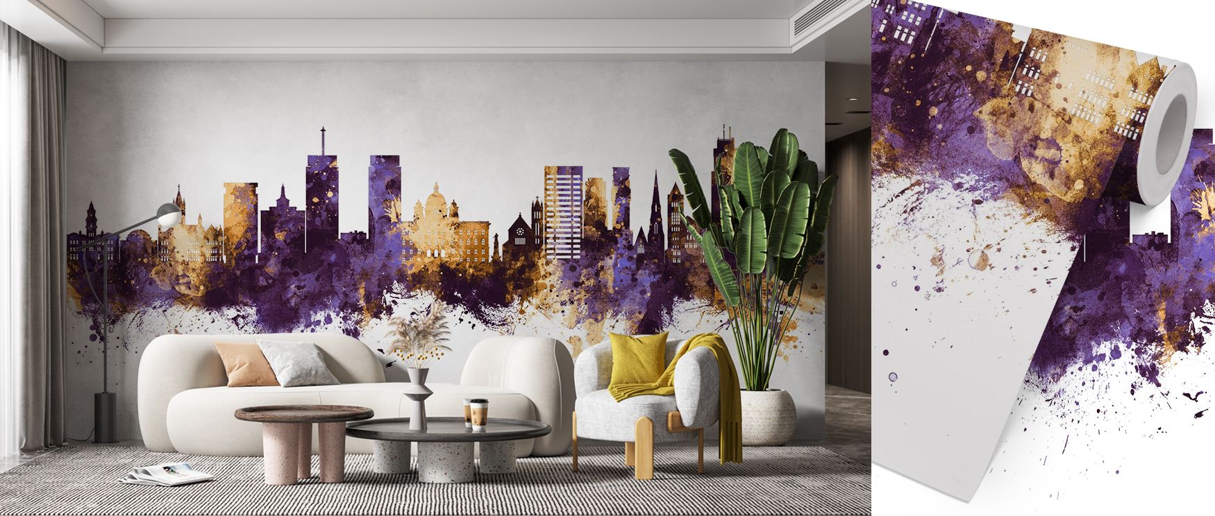 Refined harmony shines in Syracuse New York Skyline Purple & Gold Wallpaper, where tones blend richly. Each line conveys balance, enriching interiors. Walls glow with sophistication, making living spaces timeless retreats.