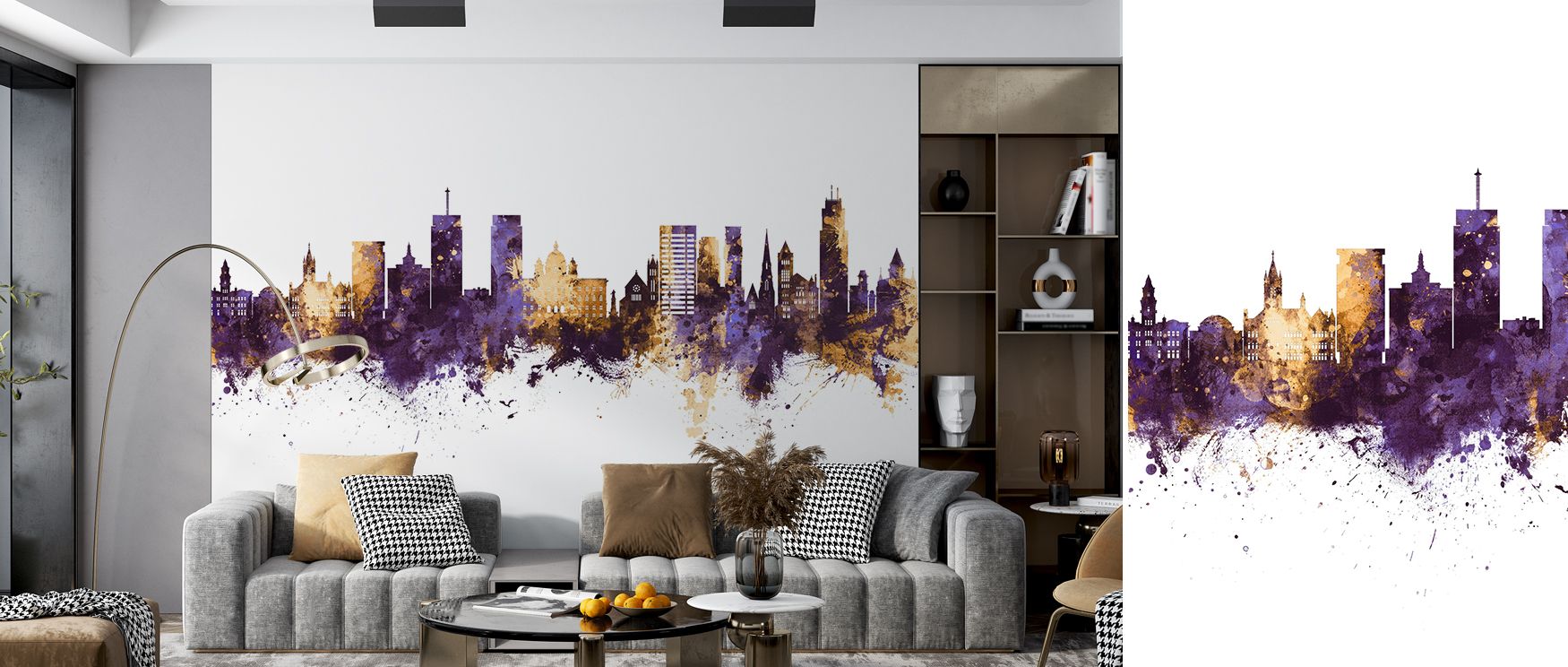 Brilliance thrives in Syracuse New York Skyline Purple & Gold Wallpaper, where purple and gold merge gracefully. Each silhouette conveys strength, enriching interiors. Walls glow with refined charm, perfect for living rooms.