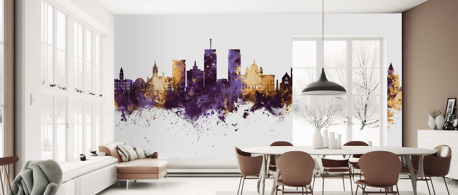 Cultural charm fills Syracuse New York Skyline Purple & Gold Wallpaper, where silhouettes highlight elegance. Each form conveys artistry, enriching interiors. Walls glow with regal rhythm, ideal for bedrooms or offices.