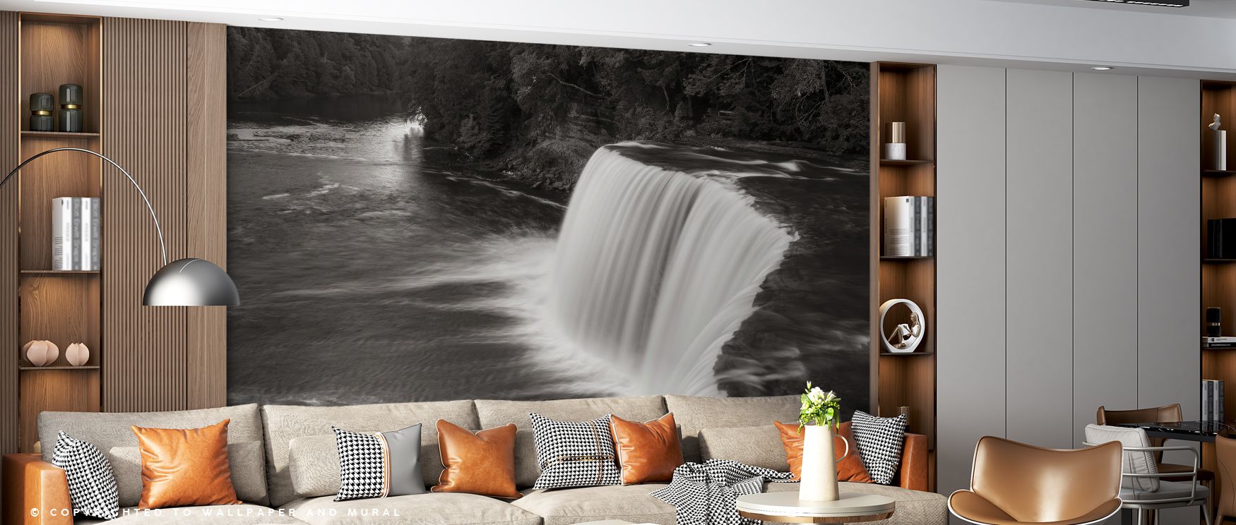 Cool tones enhance Tahquamenon Falls Wallpaper, where natural imagery dominates. Each detail conveys strength and balance, shaping interiors. Walls glow with charm, making living rooms tranquil retreats.