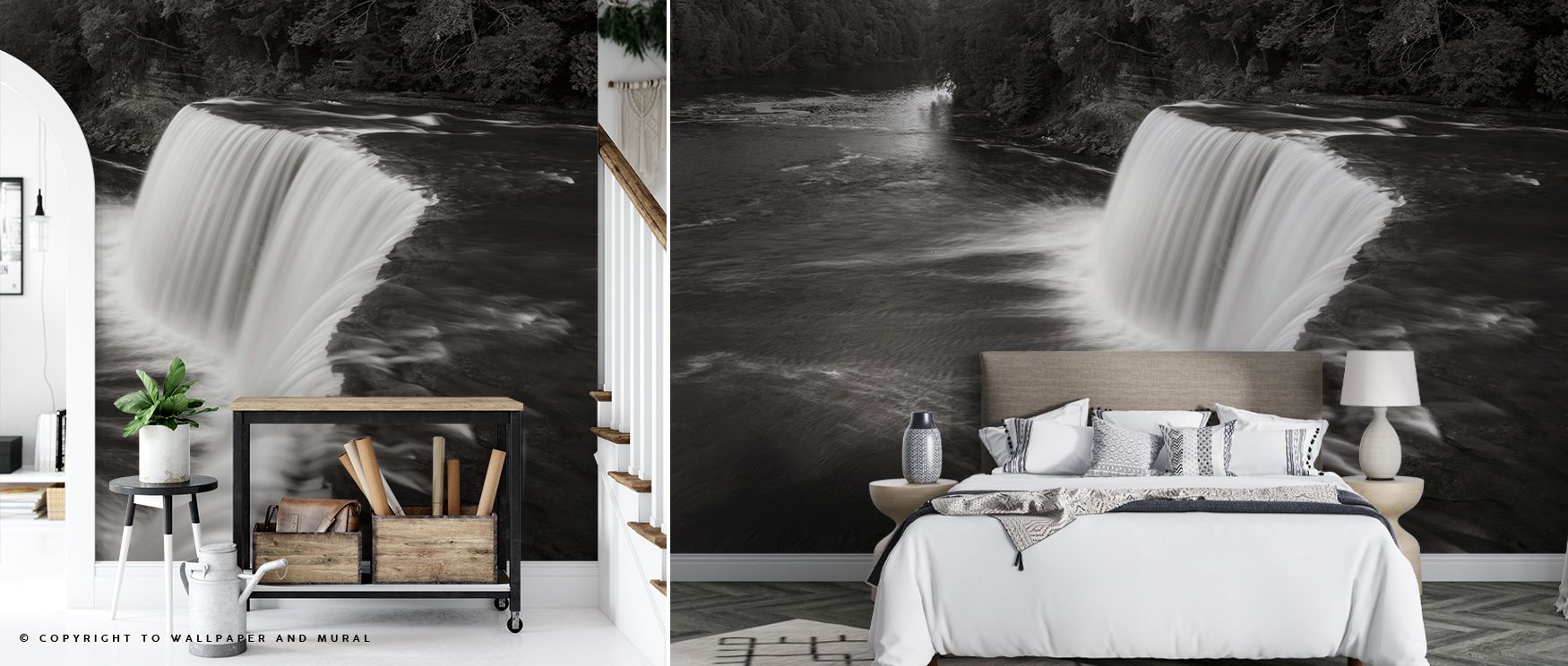 Tranquil flow defines Tahquamenon Falls Wallpaper, where cascading lines highlight grace. Each element conveys serenity, enriching interiors. Walls glow with calm presence, ideal for bedrooms or hallways.