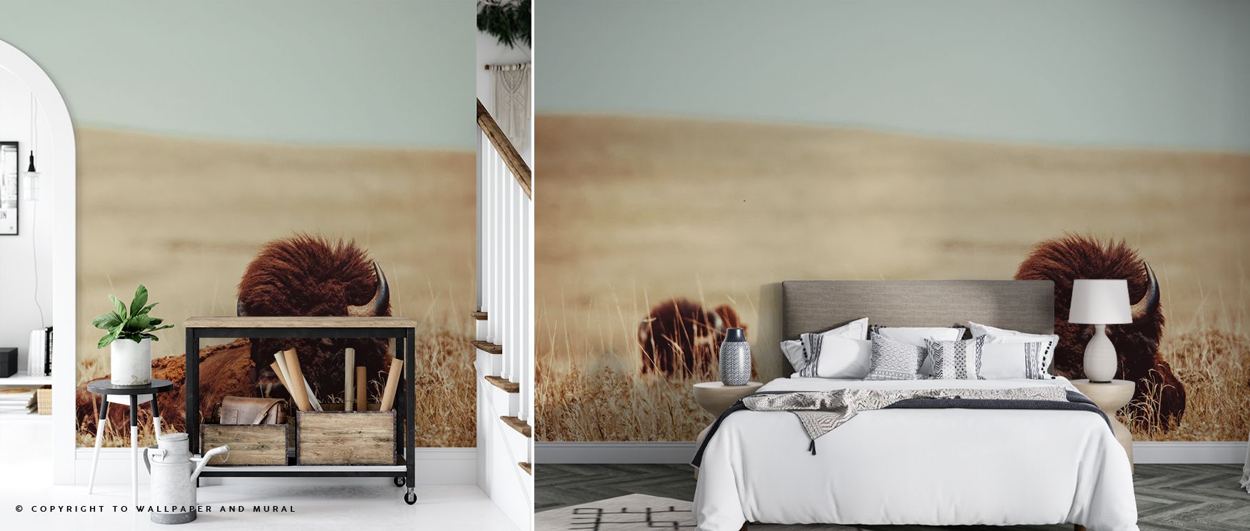 Scenic depth appears in Tall Grass Bison Wallpaper, where animals stand boldly in sweeping plains. Golden grasses rise like waves, flowing across the walls with graceful rhythm. The palette conveys natural calm, balancing strength and peace in equal measu