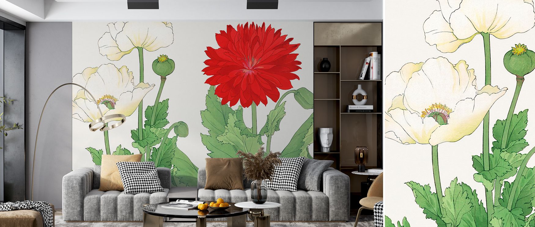 Elegant presence fills Tanigami White Poppies Wallpaper, where blossoms radiate charm in serene hues. Each detail conveys calm artistry, enriching interiors. Walls glow with timeless character, ideal for bedrooms.