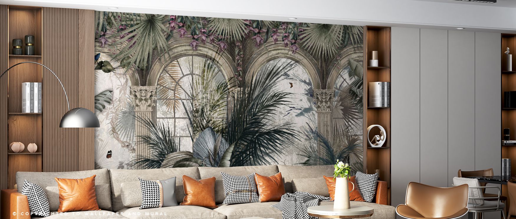 Botanical imagery shines through colorful tones, with leaves overlapping in dynamic rhythm. The composition remains harmonious, projecting calm and vibrancy together. With this natural artistry, the Tropical Conservatory Wallpaper enhances atmosphere, esp