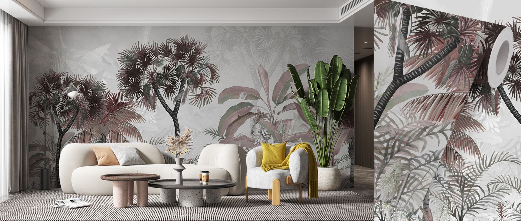 Blue tones merge with tropical greenery, building imagery that feels both calm and engaging. The Tropical Forest Strolls Light Blue Wallpaper suggests openness and quiet strength, turning interiors into serene spaces where balance is celebrated. Its artis