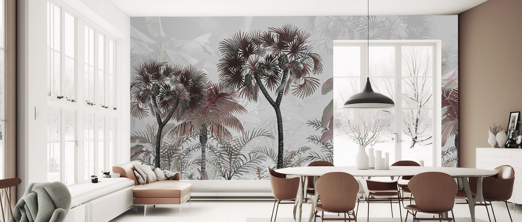 Tropical vitality is expressed through subtle tones, creating mood without overwhelming. Interiors glow with light and movement, capturing calm charm. The Tropical Forest Strolls Light Blue Wallpaper adapts easily, offering tranquil presence in bathrooms 
