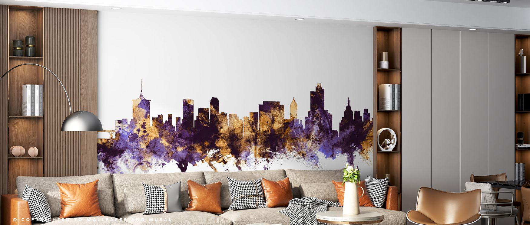 Cultural pride flows through purple and gold hues, projecting refinement across walls. The Tulsa Oklahoma Skyline Purple & Gold Wallpaper expresses modern character while maintaining timeless beauty, enhancing stylish interiors. 