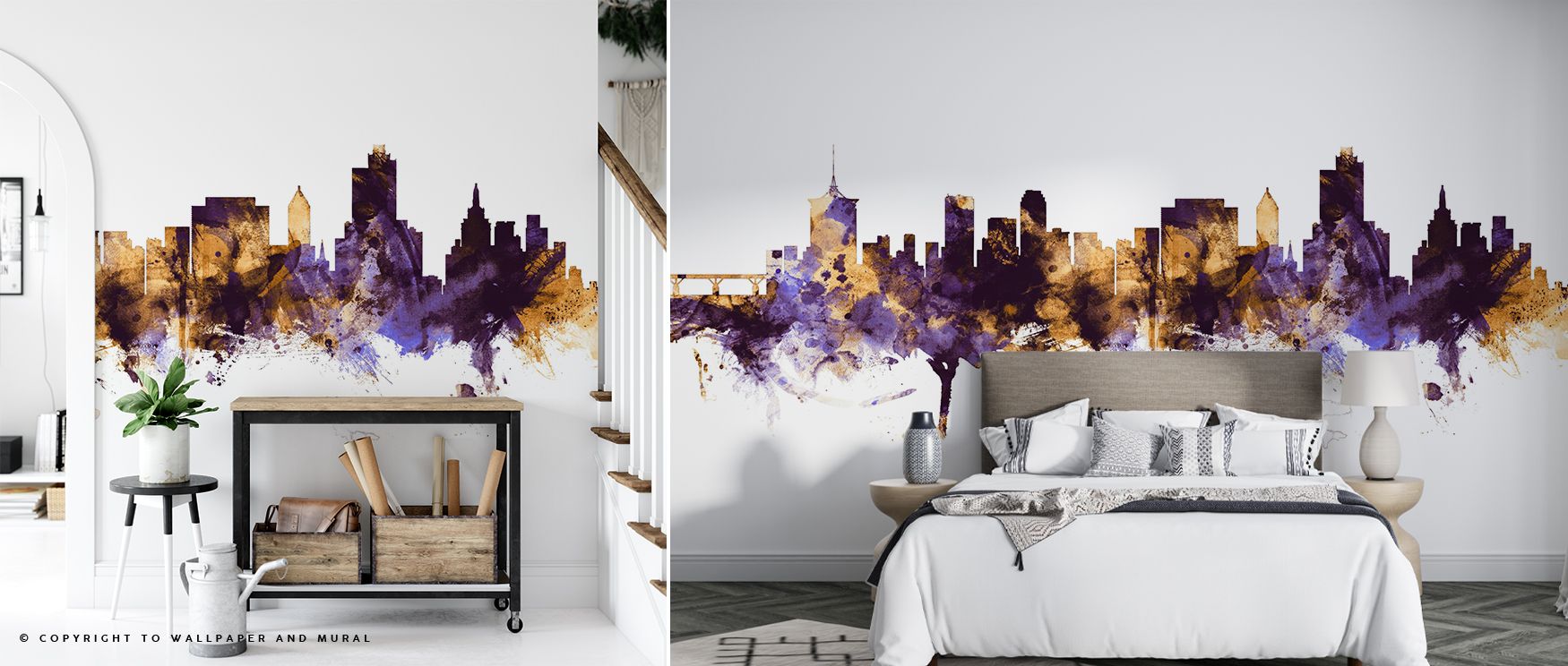 A dramatic mood emerges from the interplay of colors and structure, offering bold energy. The Tulsa Oklahoma Skyline Purple & Gold Wallpaper ensures walls feel expressive, turning interiors into artistic spaces filled with rhythm. 