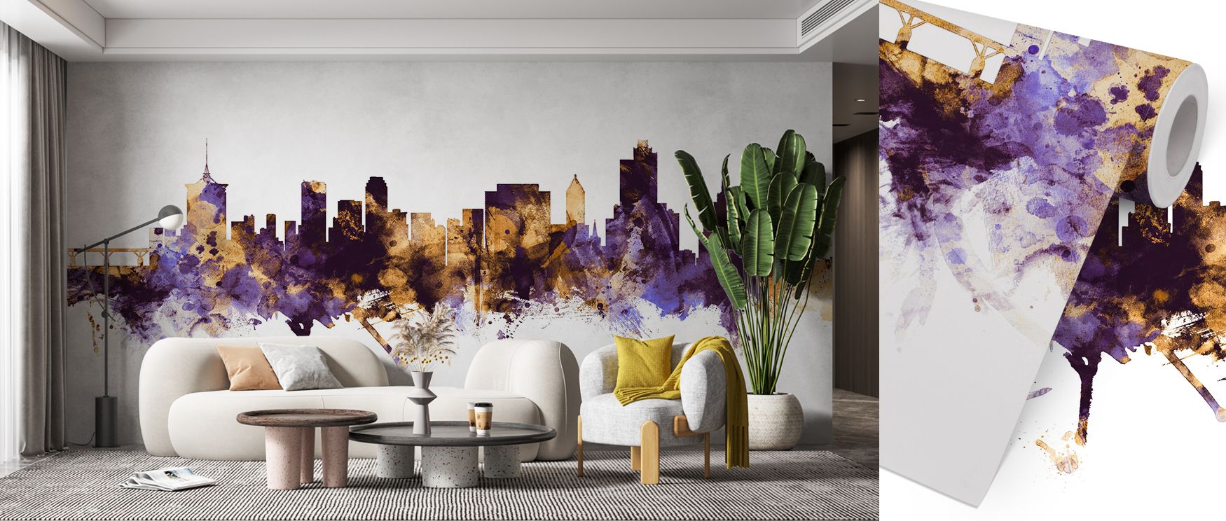 Architectural forms glow with richness, their tone both modern and cultured. The Tulsa Oklahoma Skyline Purple & Gold Wallpaper brings depth to rooms, making offices feel vibrant and engaging. 
