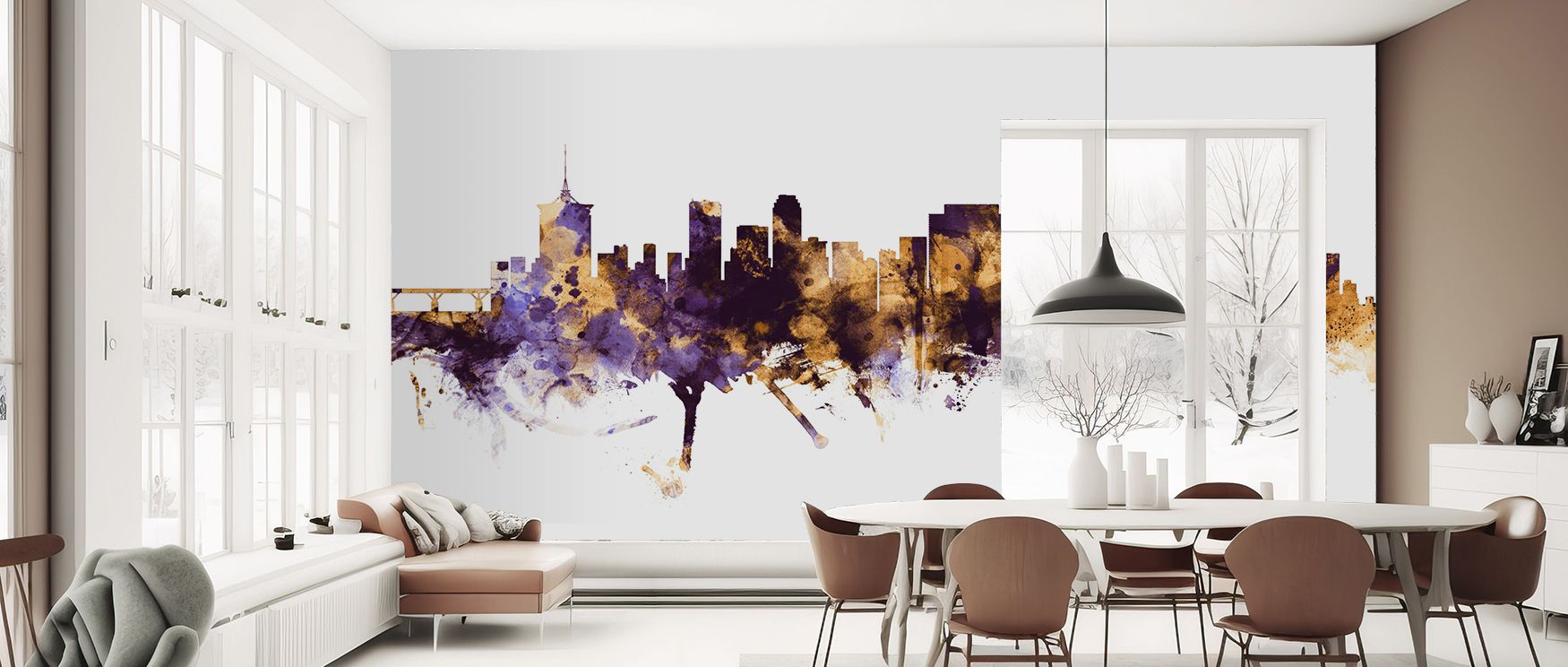 The combination of color and skyline imagery suggests balance and energy. Interiors feel distinctive under the Tulsa Oklahoma Skyline Purple & Gold Wallpaper, a design that enriches walls naturally in refined living spaces. 
