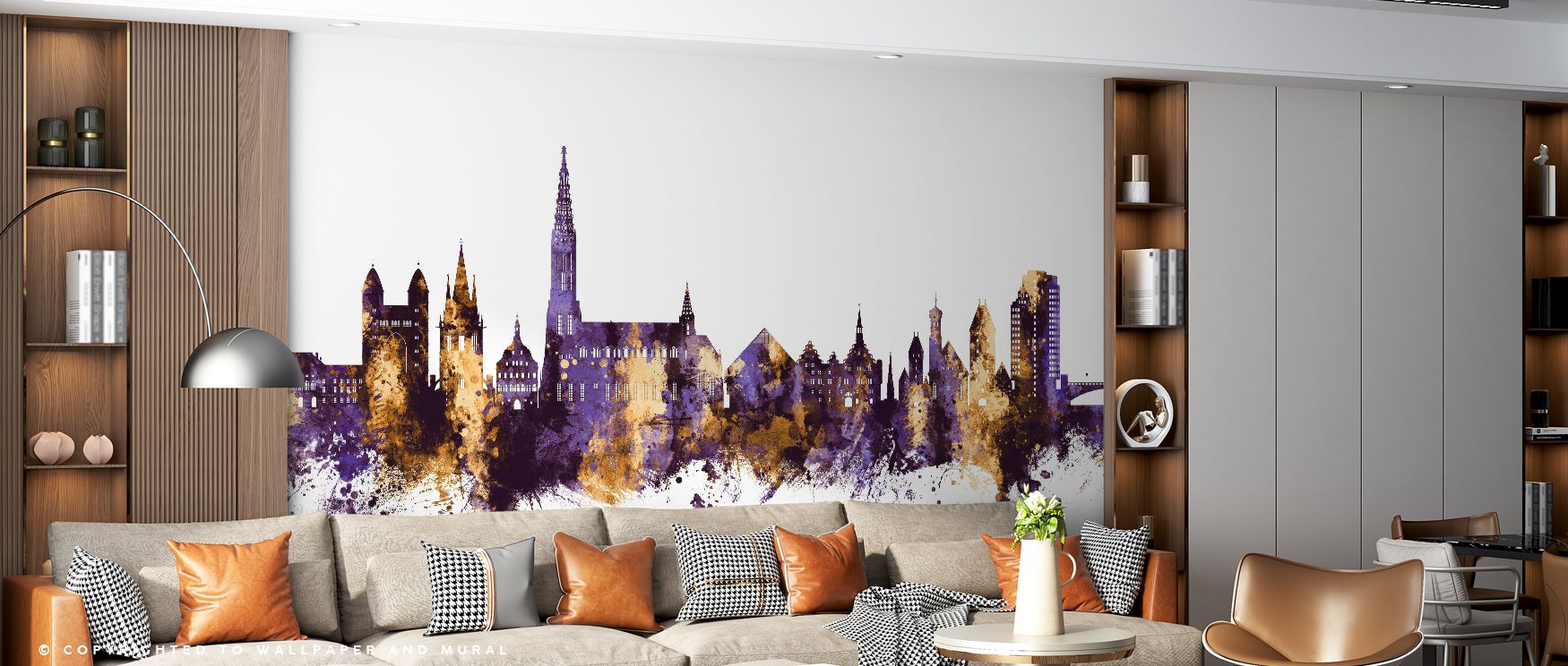 Expressive colors project vibrancy, while details remain rooted in heritage. The Ulm Germany Skyline Purple & Gold Wallpaper offers interiors sophistication and identity, blending tradition with modern elegance. 