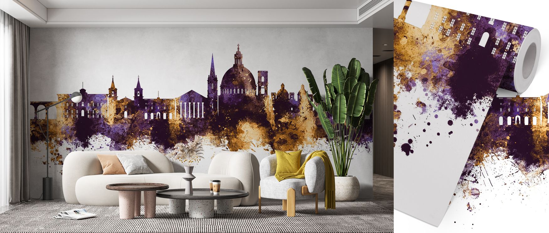 Historic architecture shines against a backdrop of rich tones, creating a surface that feels meaningful and bold. The Valletta Malta Skyline Purple & Gold Wallpaper transforms walls into landmarks of sophistication, thriving in stylish interiors. 