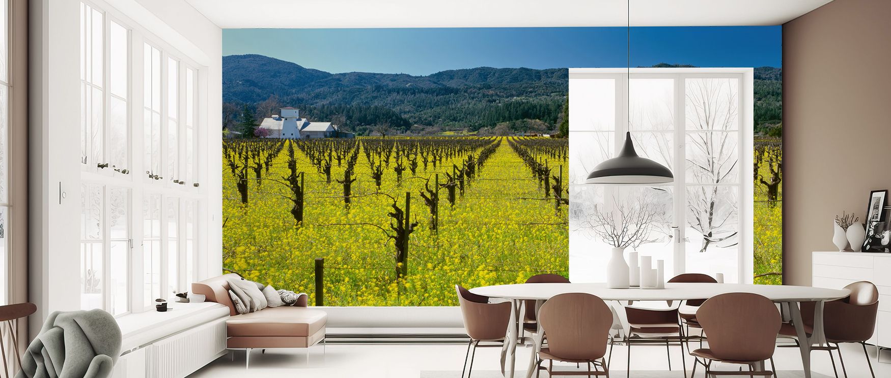 Natural detailing adds rhythm that feels both calming and picturesque. The Vineyard Symmetry Wallpaper enhances atmosphere with quiet energy, offering walls depth and refinement. Bedrooms or offices glow naturally under its influence. 