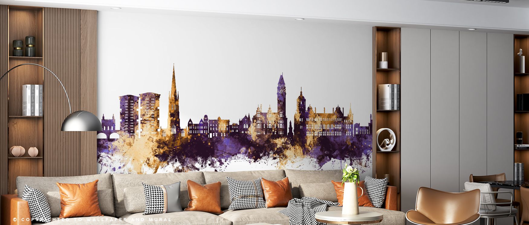 A luxurious mood radiates from contrasting tones that emphasize structure and depth. The Wakefield England Skyline Purple & Gold Wallpaper adds character and charm, turning plain walls into decorative statements. It adapts naturally to stylish bedrooms wh