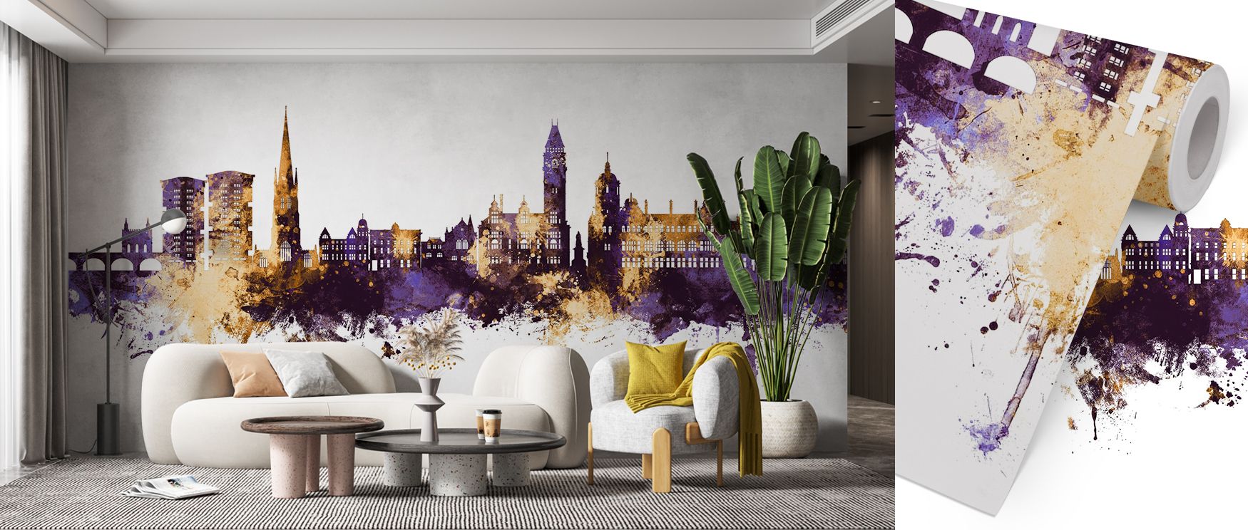 Expressive lines create rhythm across the skyline, giving interiors elegance and cultural resonance. The Wakefield England Skyline Purple & Gold Wallpaper ensures offices glow with distinction, offering balance between boldness and refinement. 