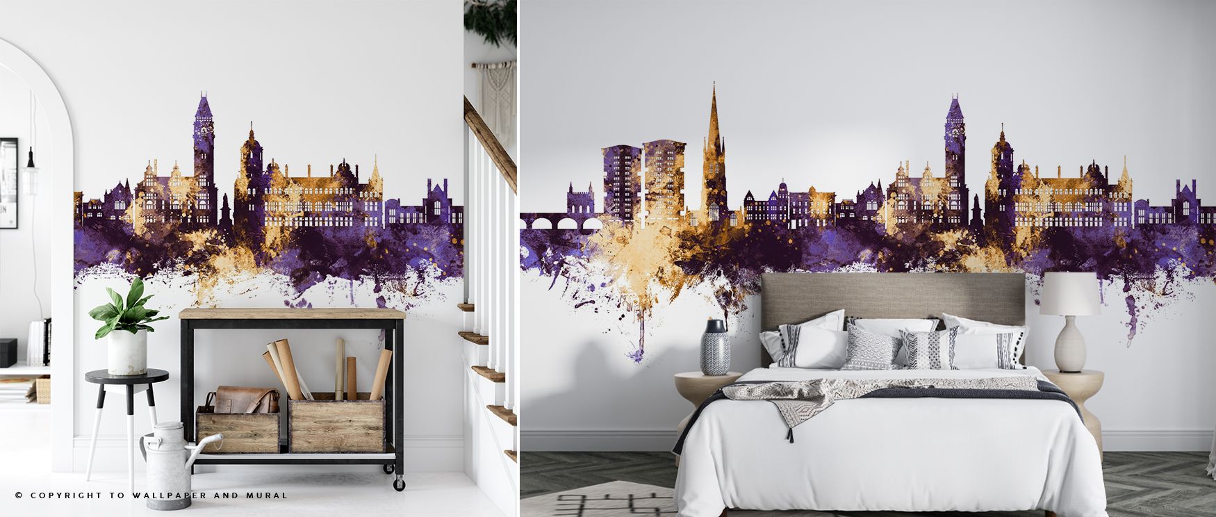 Distinctive architectural silhouettes rise proudly against glowing hues, reflecting both culture and elegance. The Wakefield England Skyline Purple & Gold Wallpaper enhances walls with charm, thriving in modern bedrooms designed for refinement. 
