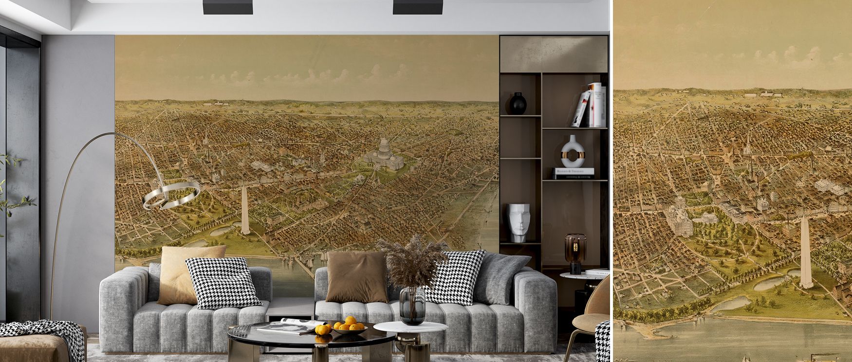 Contrast between depth and light creates harmony, offering rhythm filled with movement. The Washington Views Wallpaper enriches interiors, adapting beautifully to hallways where grandeur defines presence. 