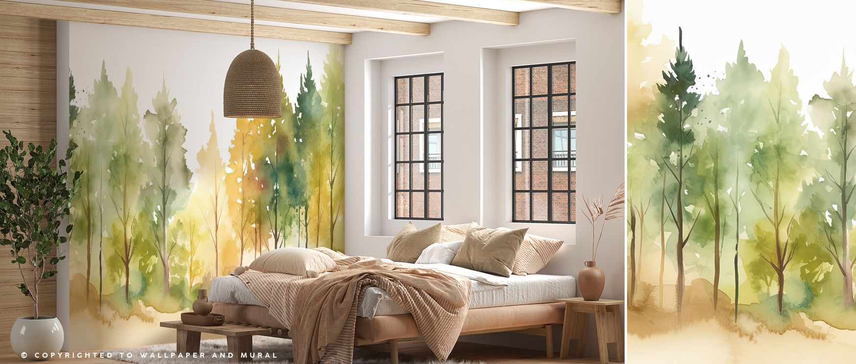 Showcasing the Watercolor Woods Wallpaper, soft strokes capture trees standing in muted tones of green, beige, and gray. Branches dissolve into the distance, layered in watercolor washes that evoke quiet calm. This delicate imagery makes interiors glow wi