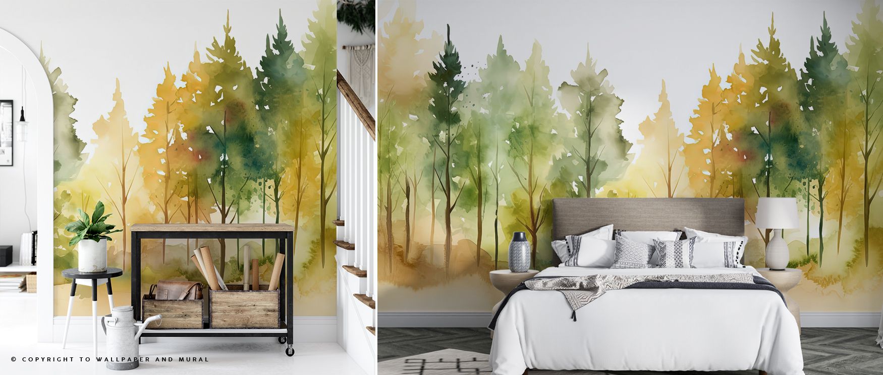 This wallpaper highlights the Watercolor Woods design, where brushstrokes blend sky and branches seamlessly. Each tone overlaps to form layered trees that evoke balance and natural rhythm. The composition inspires stillness, filling rooms with an impressi