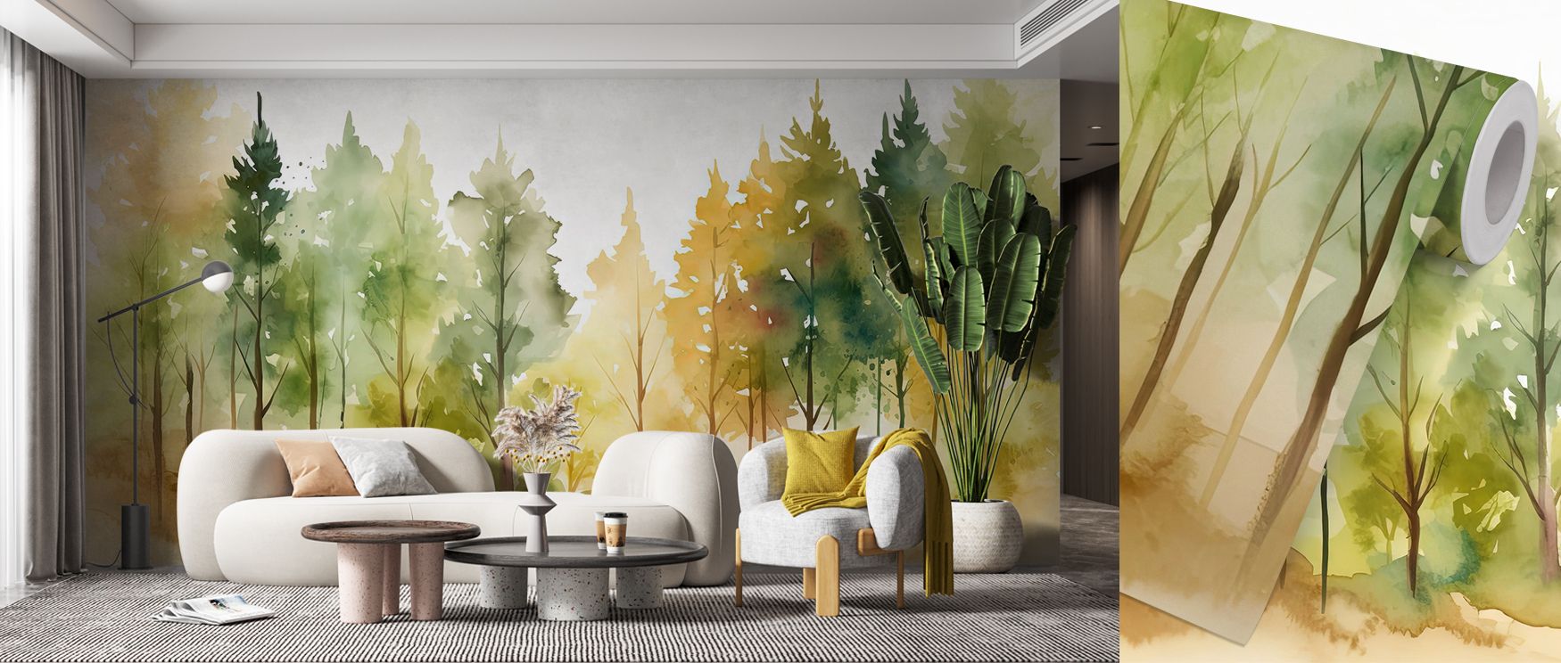 A poetic interpretation of the Watercolor Woods Wallpaper shows trees fading into the horizon, painted with gentle tones. The design’s muted palette softens interiors, creating an air of contemplation. Brush textures add movement and lightness, evoking pe