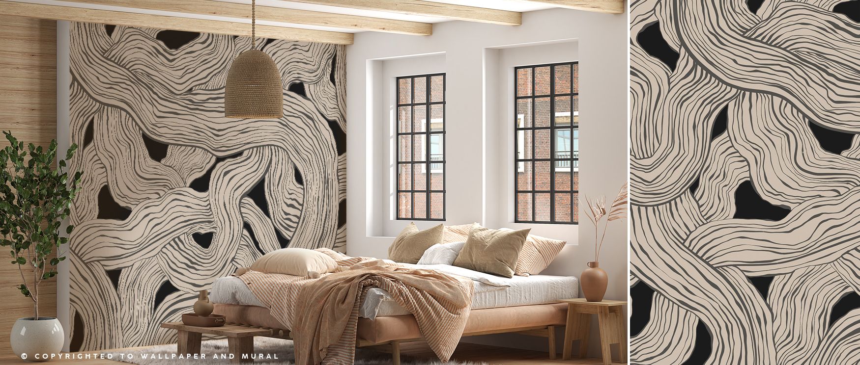 Across the Weaves & Waves Black Wallpaper, flowing patterns of intertwined lines ripple across the surface in bold monochrome. Curves blend seamlessly into weaves, producing depth and balance. The palette creates drama, while the rhythm suggests continuou