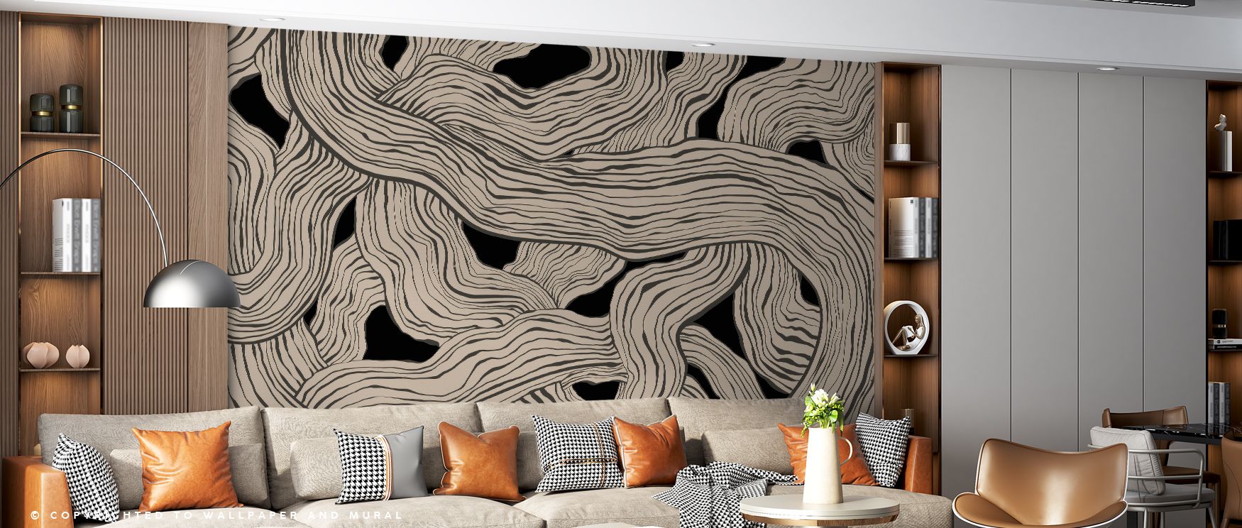 Painted in striking tones, the Weaves & Waves Black Wallpaper reveals geometry and fluidity combined. Lines weave into arcs, creating layers of elegance. Each detail conveys rhythm, while the black palette deepens the effect. Its artistry enriches interio