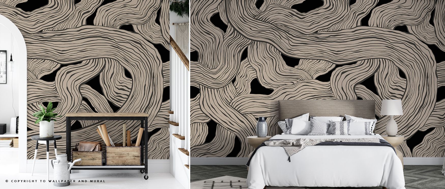 The Weaves & Waves Black Wallpaper shows intricate curves unfolding into woven forms. Its monochrome design creates movement and refinement, balancing order with energy. Each line contributes to depth, adding rhythm across walls. This imagery infuses bedr