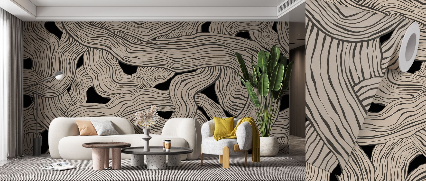 With bold contrasts, the Weaves & Waves Black Wallpaper portrays flowing forms that suggest woven textures. Curves stretch into lines, merging with harmony. Its design resonates with modern elegance, offering walls intrigue and vitality. Interiors glow wi