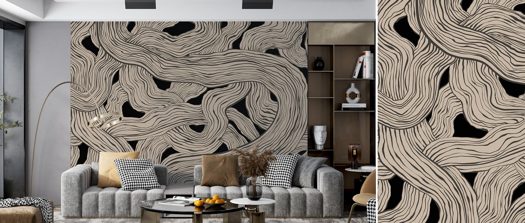 Within the Weaves & Waves Black Wallpaper, lines and curves interlace with fluid rhythm. The palette of black enriches contrast, enhancing depth and grace. This design inspires energy and calm simultaneously, transforming walls into modern canvases. Its a