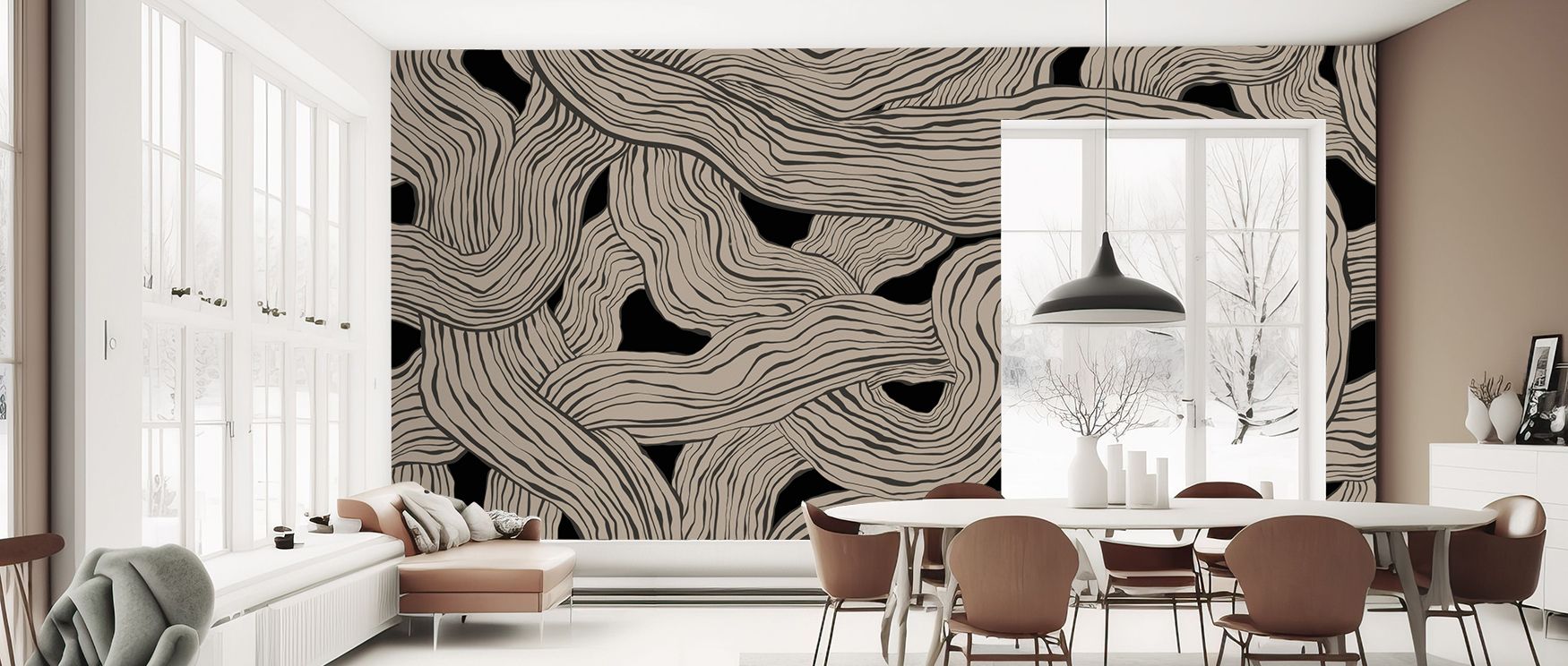 A stunning depiction of the Weaves & Waves Black Wallpaper captures layers of linear and curved motifs. Black tones enhance detail, producing balance and motion. The composition exudes artistry, adding visual strength to interiors. It uplifts spaces with 