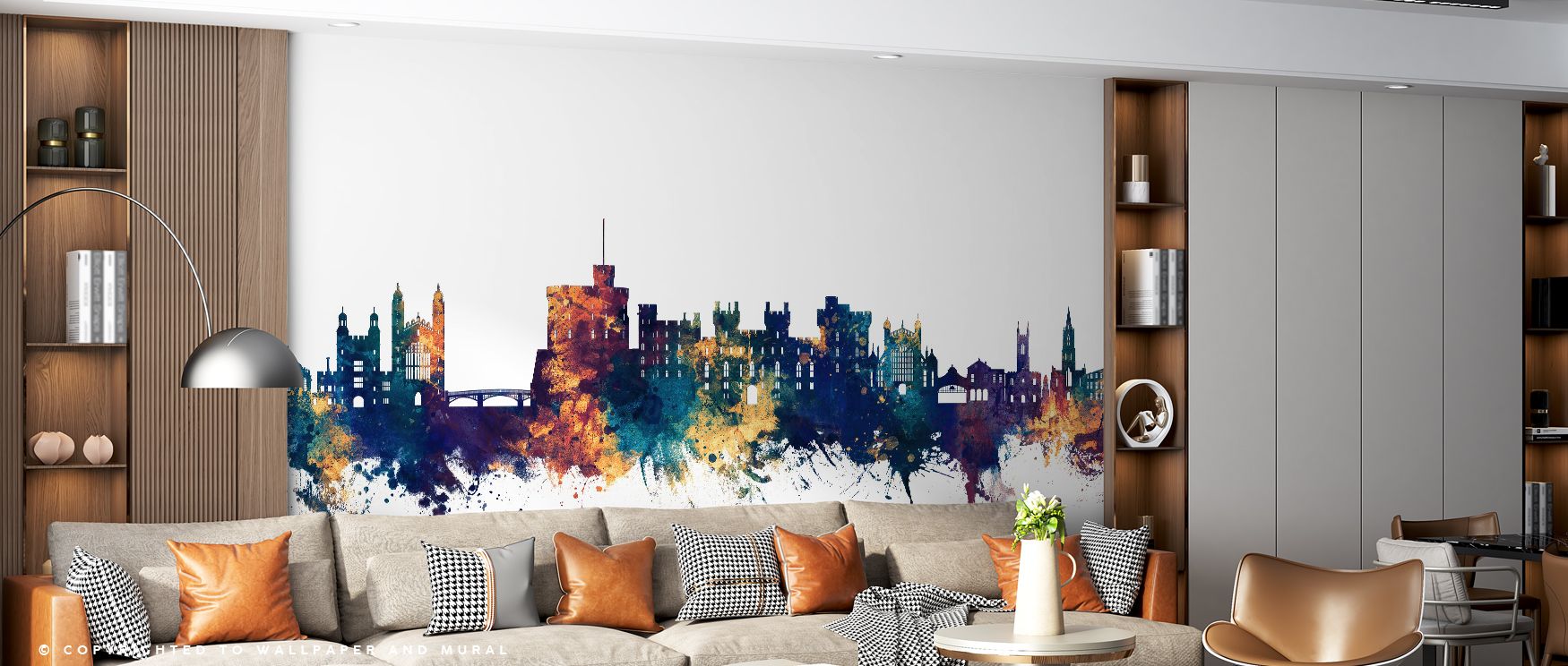 Across the Windsor England Skyline Blue & Bronze Wallpaper, iconic structures emerge in luminous detail. The palette blends metallic bronze with oceanic blue, creating visual rhythm. Its artistry captures heritage with refinement, enriching interiors with