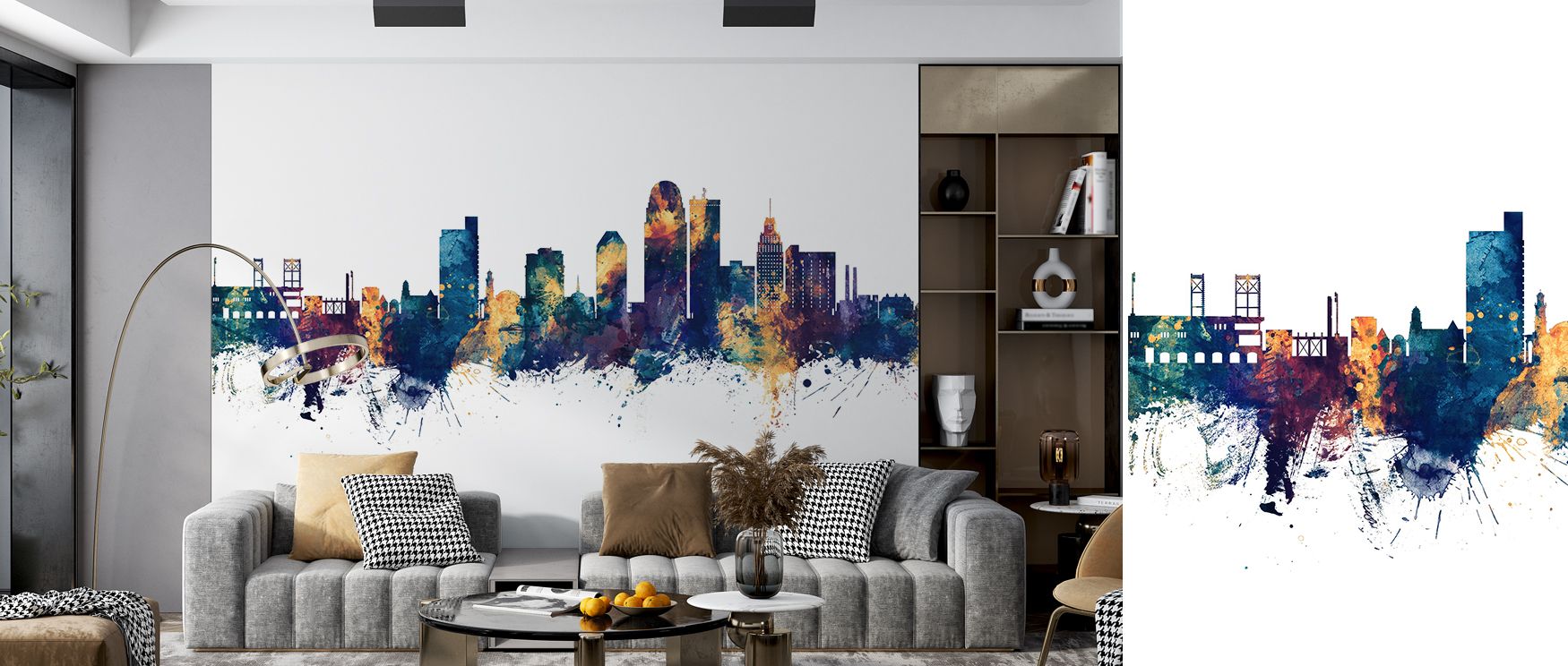 With luminous strokes, the Winston-Salem NC Skyline Blue & Bronze Wallpaper depicts buildings in radiant metallic tones. Each silhouette enriches the scene with grandeur. Its imagery suggests heritage, filling interiors with elegance. The design transform