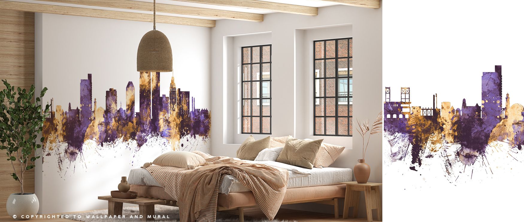 Painted with metallic brilliance, the Winston-Salem NC Skyline Purple & Gold Wallpaper reveals iconic structures in glowing tones. Each detail enriches interiors with heritage, creating elegance. The palette balances strength and calm, transforming living