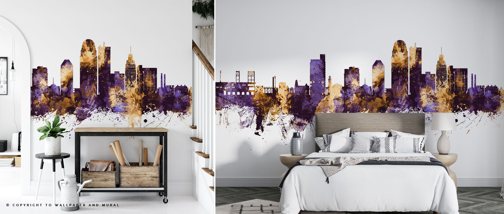 Within this wallpaper, the Winston-Salem NC Skyline Purple & Gold Wallpaper captures grandeur through radiant contrasts. Buildings painted in purple and gold suggest cultural richness. The imagery inspires sophistication, enhancing walls with artistry. Th