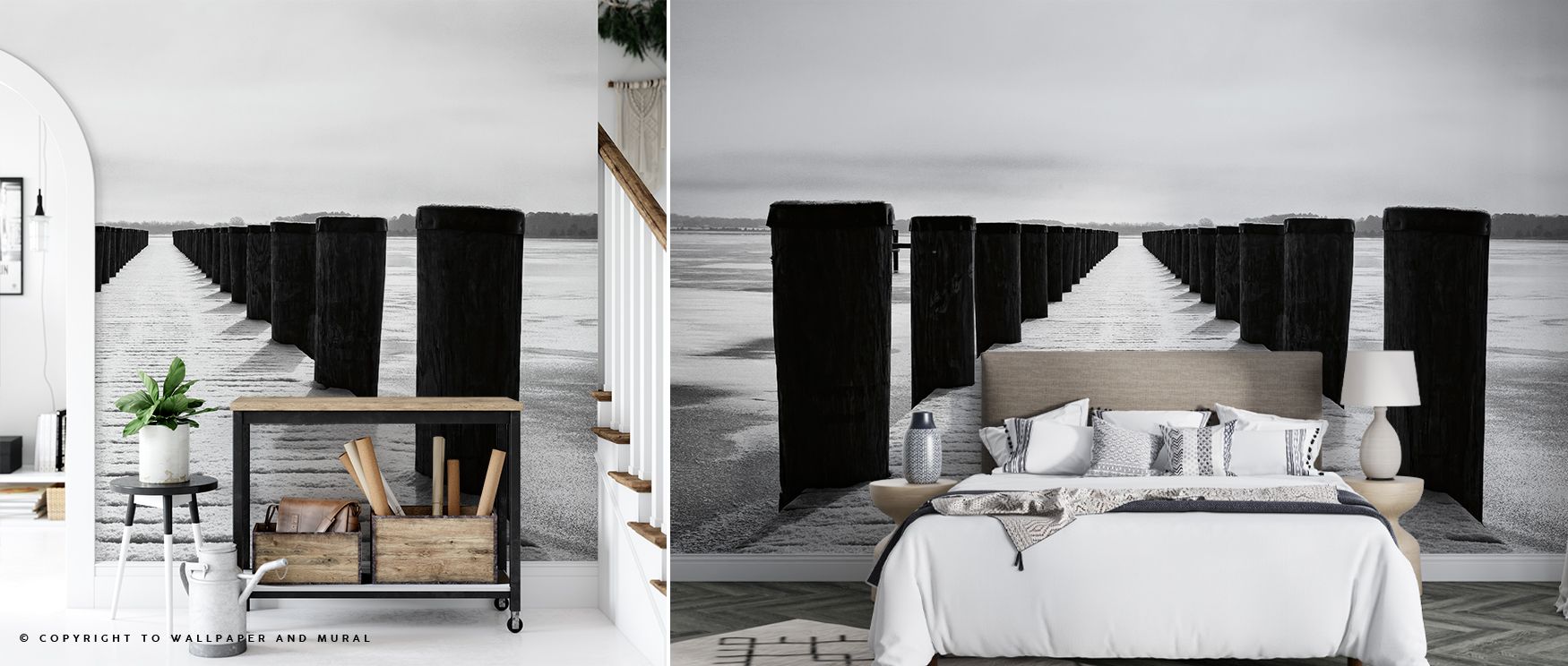 The Winter Dock Wallpaper portrays tranquil scenery in soft tones. Snowy accents blend into balanced gradients, evoking calm. Its composition enriches interiors with artistry, filling walls with serenity. This imagery celebrates peaceful beauty, making ho