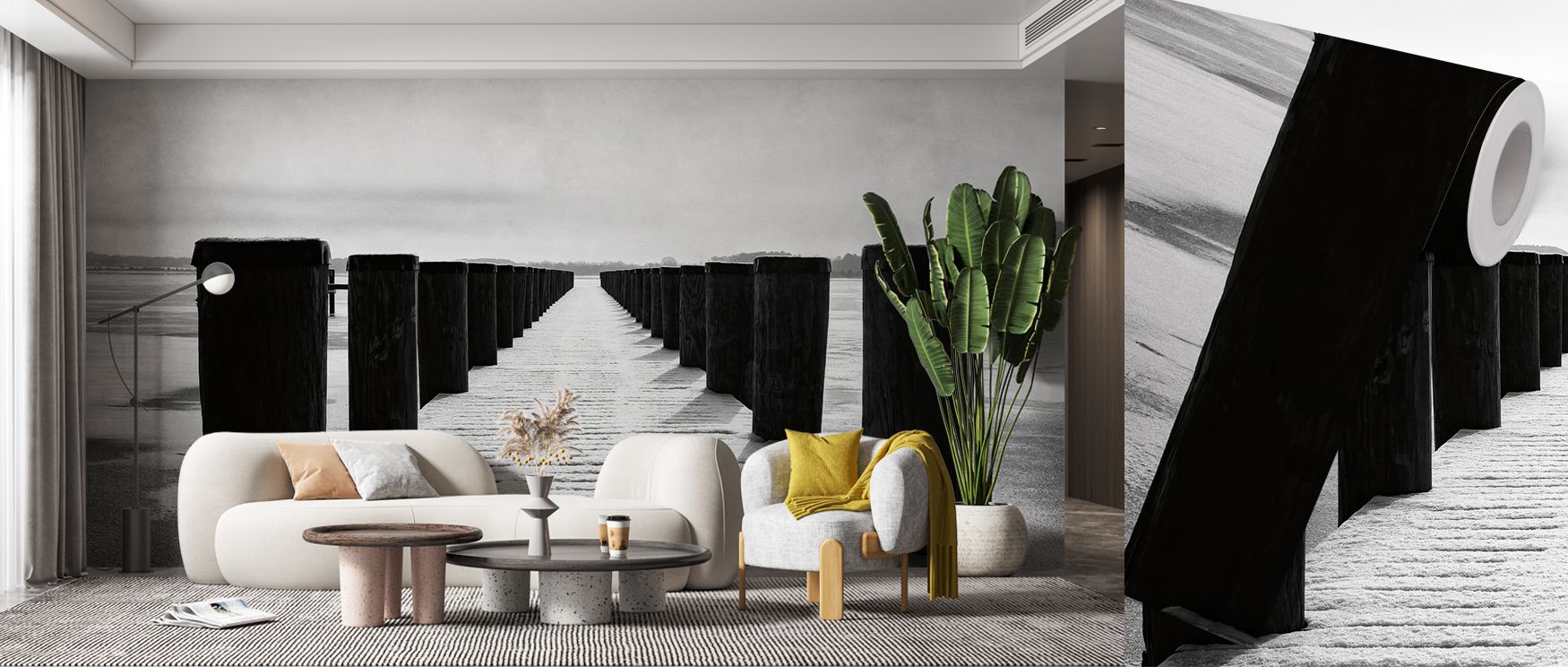 Painted in muted shades, the Winter Dock Wallpaper captures landscapes resting in stillness. The dock extends softly into snow, suggesting balance. Its imagery adds calm depth, turning walls into serene canvases. This artistry uplifts interiors with seaso