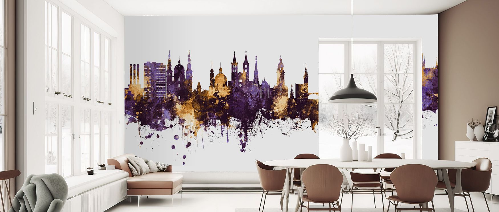 Showcasing luminous artistry, the Würzburg Germany Skyline Purple & Gold Wallpaper highlights structures glowing with refinement. Each silhouette enriches interiors with artistry. The imagery uplifts offices with sophistication, turning walls into decorat