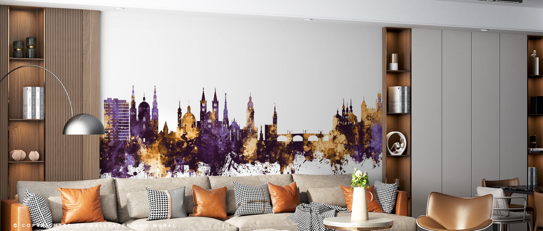Across the Würzburg Germany Skyline Purple & Gold Wallpaper, architectural silhouettes glow in radiant contrasts. Each structure conveys refinement, enriching interiors with artistry. The imagery uplifts homes with elegance, turning walls into decorative 